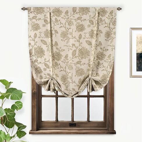 DriftAway Freda Jacobean Floral Linen Blend Room Darkening Thermal Insulated Linen Curtains Energy Saving Tie Up Adjustable Balloon Rod Pocket Curtain 45 Inch by 63 Inch Red Beige in Kuwait