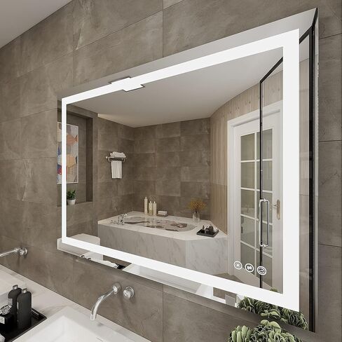 مرآة حمام مضاءة LED مقاس 60 × 40 بوصة من MAIHAUZ مثبتة على الحائط مرآة مضادة للضباب ومرآة مكياج قابلة للتعتيم مع 3 ألوان قابلة للتعديل دافئة/طبيعية/أبيض (Argo 60 بوصة WX40 H) in Saudi Arabia