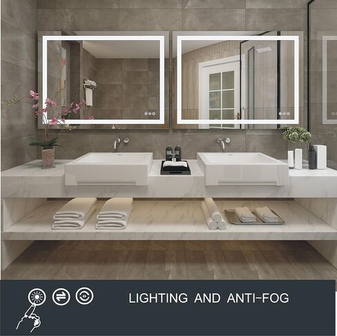 مرآة حمام مضاءة LED مقاس 60 × 40 بوصة من MAIHAUZ مثبتة على الحائط مرآة مضادة للضباب ومرآة مكياج قابلة للتعتيم مع 3 ألوان قابلة للتعديل دافئة/طبيعية/أبيض (Argo 60 بوصة WX40 H) in Saudi Arabia