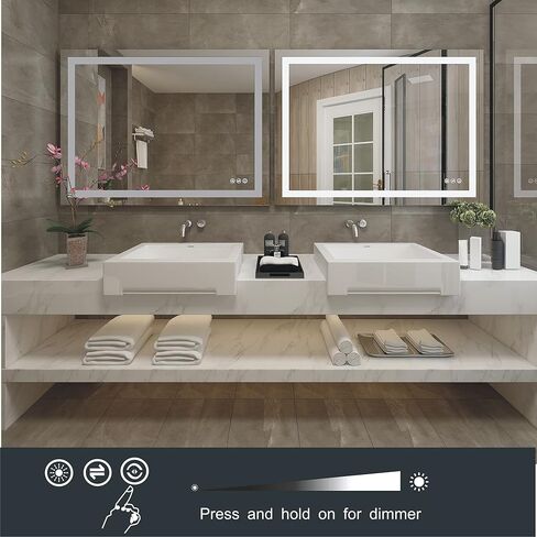 مرآة حمام مضاءة LED مقاس 60 × 40 بوصة من MAIHAUZ مثبتة على الحائط مرآة مضادة للضباب ومرآة مكياج قابلة للتعتيم مع 3 ألوان قابلة للتعديل دافئة/طبيعية/أبيض (Argo 60 بوصة WX40 H) in Saudi Arabia
