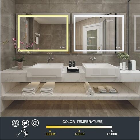 مرآة حمام مضاءة LED مقاس 60 × 40 بوصة من MAIHAUZ مثبتة على الحائط مرآة مضادة للضباب ومرآة مكياج قابلة للتعتيم مع 3 ألوان قابلة للتعديل دافئة/طبيعية/أبيض (Argo 60 بوصة WX40 H) in Saudi Arabia