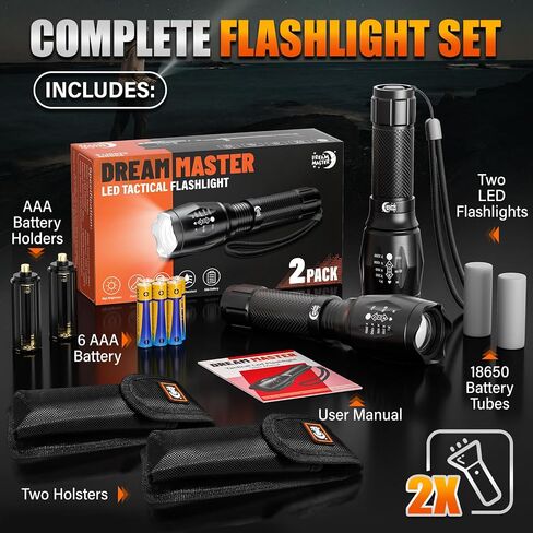 Dream Master 2 Pack LED Flashlights High Lumens مع 6 بطاريات AAA، 5 أوضاع مصباح يدوي تكتيكي صغير مقاوم للماء للتخييم والمشي لمسافات طويلة، هدايا للرجال لعيد الميلاد، هدايا للرجال الأب in Kuwait