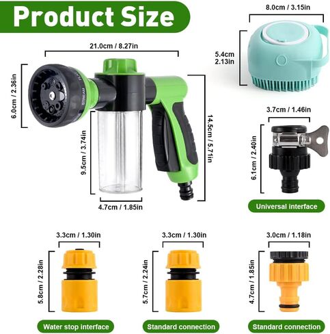 Jaxbo 7 Pcs Hose Nozzle Foam Sprayer， Pet Bathing Tool Set with Connectors, Dog Silicone Brush and Wash Mitt for Watering Plants, Cleaning,Car Wash and Showering Pet in Kuwait