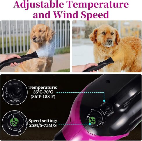 Dog Hair Dryer, DUCKBOY High Velocity Pet Hair Dryer with 3.2HP Adjustable Speed and Temperature (35°C-70°C), Professional Dog Hair Force Dryer Blower for Grooming, Noise Reduction, 3 Nozzle in Kuwait