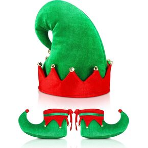 SATINIOR Christmas Santa Elf Shoes and Hat Christmas Red Green Costume Accessory Set