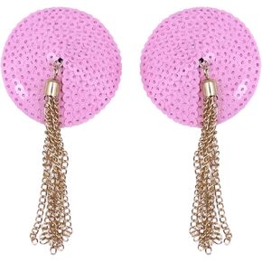LEOMOSTE Reusable Silicone Sequin Adhesive Nipple Cover Pasties Shiny Bra Sticker Covers Pads with Tassels