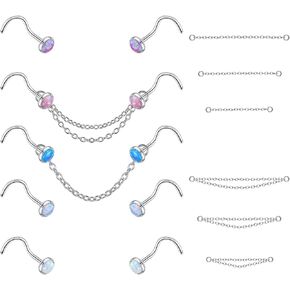 PunkTracker 16Pcs 20G Opal Nose Rings Surgical Steel Nose Studs for Women Nose Rings Studs with Chains Hypoallergenic Nose Piercing Jewelry in Kuwait