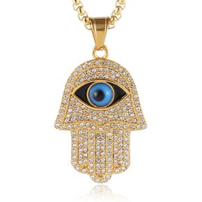 HZMAN 18k Gold Plated Iced Out CZ Stainless Steel Blue Evil Eye Beads Fatima Hamsa Hand Pendant Necklace in Saudi Arabia