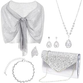 yeabwps 6Pcs Rhinestone Jewelries Rhinestone Bracelet Necklace Ring Rhinestone Earrings Silver Formal Evening Clutch Purses and Silver Metallic Pashmina Shawl for Bridal Party Wedding in Saudi Arabia