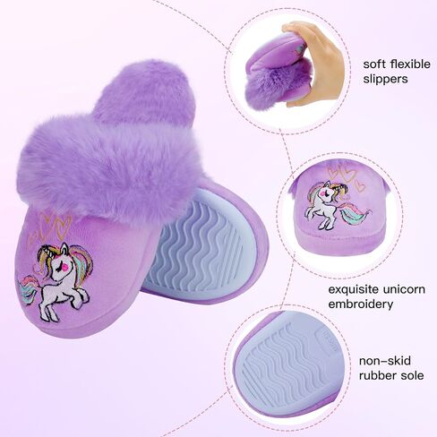 MEJORMEN Girls Fluffy House Slippers Faux Fur Slip-on House Shoes No-Slip Memory Foam Slippers Cozy Warm Plush Bedroom Slippers for Toddler Kid in Kuwait