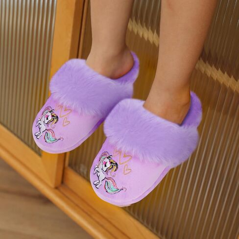 MEJORMEN Girls Fluffy House Slippers Faux Fur Slip-on House Shoes No-Slip Memory Foam Slippers Cozy Warm Plush Bedroom Slippers for Toddler Kid in Kuwait