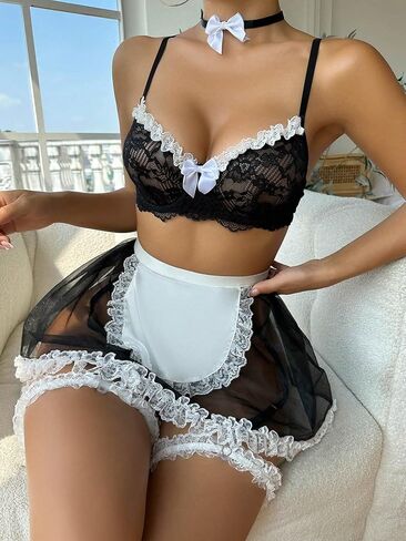 WDIRARA Women's 3 Piece Sets Contrast Lace Colorblock Bow Front Low Rise Underwire Halter Lingerie Set in Kuwait