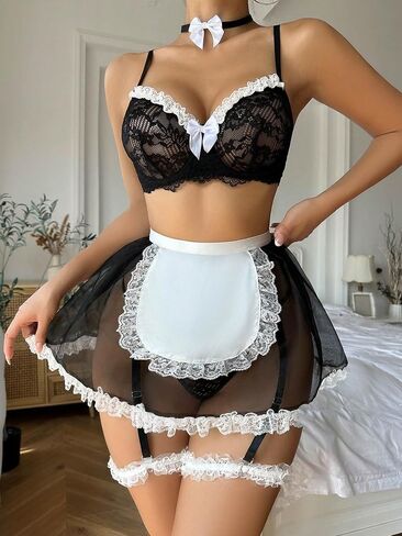 WDIRARA Women's 3 Piece Sets Contrast Lace Colorblock Bow Front Low Rise Underwire Halter Lingerie Set in Kuwait