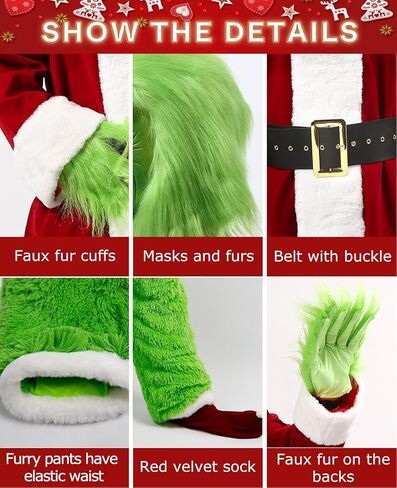 SHEJIZE عيد الميلاد زي الوحش الأخضر بدلة سانتا للبالغين زي سانتا زي سانتا مع قناع in Kuwait