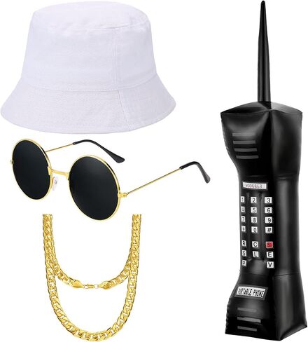 Meekoo 80s / 90s Boy الهيب هوب زي كيت 90s مغني الراب الزي زي، الهاتف المحمول دلو قبعة النظارات الشمسية سلسلة فو in Kuwait