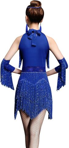 زي رقصة رامبا اللاتيني للسيدات من ZX مزيّن بشرابة من أحجار الراين، 4 قطع, 007 رويال بلو, Tag XL, Fit 10-12 in Kuwait