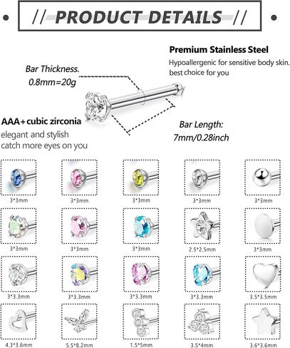 YADOCA 21 قطعة من حلقات الأنف 20 جرام من الفولاذ المقاوم للصدأ الجراحي لثقب الأنف على شكل عظمة/L/S على شكل مسامير أنف وحلقات ترصيع تشيكوسلوفاكيا مطعمة بفتحة الأنف مجموعة مجوهرات للنساء والرجال in Saudi Arabia