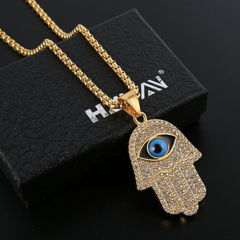 HZMAN 18k مطلية بالذهب مثلج خارج تشيكوسلوفاكيا الفولاذ المقاوم للصدأ الأزرق عين الشر الخرز فاطمة همسة قلادة يد in Kuwait