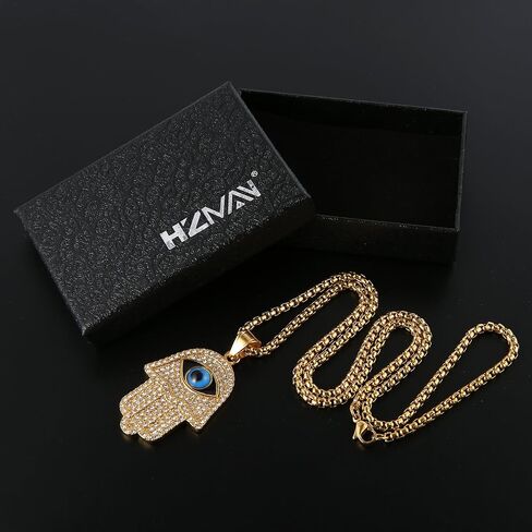 HZMAN 18k مطلية بالذهب مثلج خارج تشيكوسلوفاكيا الفولاذ المقاوم للصدأ الأزرق عين الشر الخرز فاطمة همسة قلادة يد in Kuwait