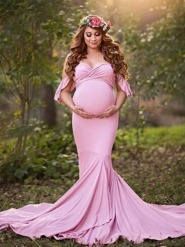 ZIUMUDY Off Shoulder Maternity Elegant Fitted Photo Shoot Gown Wraped Mermaid Baby Shower Dress in Saudi Arabia