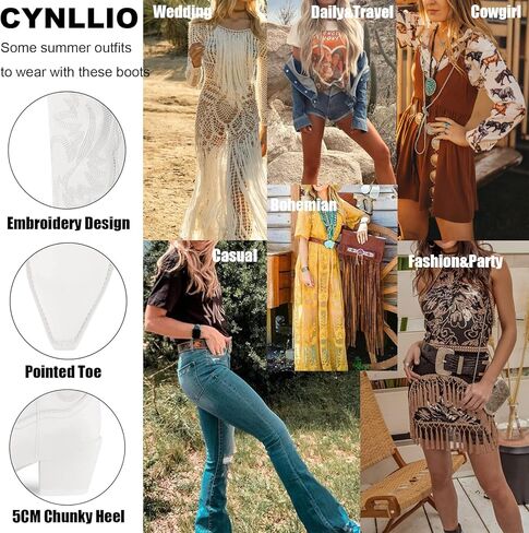 CYNLLIO أحذية راعية البقر الغربية للنساء مطرزة بكعب مكتنز وواسعة منتصف الساق أحذية سحب على مقدمة مدببة أحذية زفاف رعاة البقر أزياء تأثيري بوهو الأحذية in Kuwait