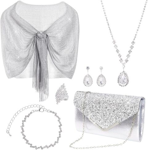 yeabwps 6Pcs Rhinestone Jewelries Rhinestone Bracelet Necklace Ring Rhinestone Earrings Silver Formal Evening Clutch Purses and Silver Metallic Pashmina Shawl for Bridal Party Wedding in Saudi Arabia