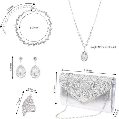 yeabwps 6Pcs Rhinestone Jewelries Rhinestone Bracelet Necklace Ring Rhinestone Earrings Silver Formal Evening Clutch Purses and Silver Metallic Pashmina Shawl for Bridal Party Wedding in Saudi Arabia