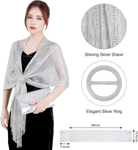 yeabwps 6Pcs Rhinestone Jewelries Rhinestone Bracelet Necklace Ring Rhinestone Earrings Silver Formal Evening Clutch Purses and Silver Metallic Pashmina Shawl for Bridal Party Wedding in Saudi Arabia