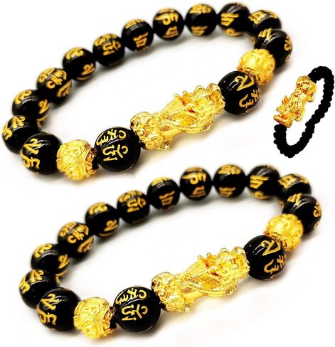 Feng Shui The Best 10mm Black Hand Carved Mantra Bead Bracelet with Golden Pi Xiu/Pi Yao Lucky Wealthy Amulet Brecelet in Kuwait