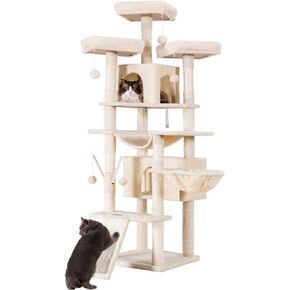 Hey-brother Cat Tree, 71 inches XL Large Cat Tower for Indoor Cats, Multi-Level Cat House with 3 Padded Perches, Big Scratcher, Cozy Basket, 2 Cat Condos and Scratching Posts, Beige MPJ034M