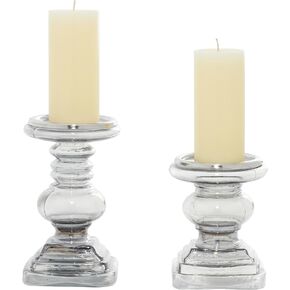 Deco 79 Glass Handmade Turned Style Pillar Candle Holder with Faux Mercury Glass finish, Set of 2 7", 9"H, Silver