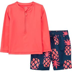 Simple Joys by Carter's Baby Boys' Swimsuit Trunk and Rashguard Set, Coral Orange/Navy Pineapple, 12 Months