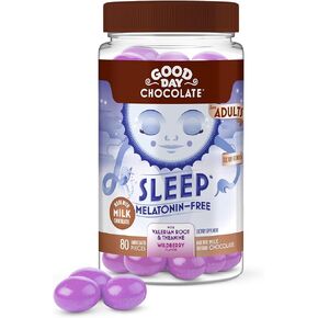 Good Day Chocolate جذر فاليريان الطبيعي للبالغين، مكمل عشبي للنوم، نكهة التوت البري العضوية، شوكولاتة الحليب غير المعدلة وراثيًا والمتوافقة مع التجارة العادلة، إل-ثيانين، 80 قطعة in Kuwait