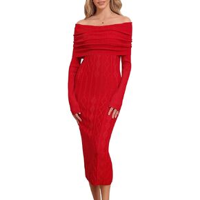 ninovino Women's Cable Knit Sweater Dress Long Sleeve Sexy Off The Shoulder Midi Bodycon Pollover Dresses