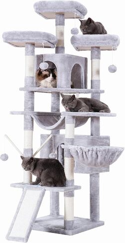 Hey-brother Cat Tree, 71 inches XL Large Cat Tower for Indoor Cats, Multi-Level Cat House with 3 Padded Perches, Big Scratcher, Cozy Basket, 2 Cat Condos and Scratching Posts, Beige MPJ034M in Kuwait