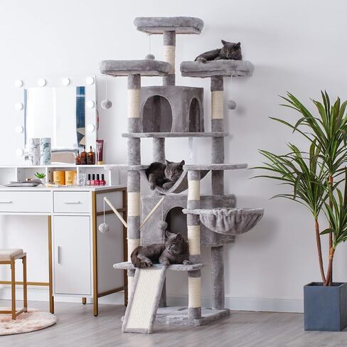 Hey-brother Cat Tree, 71 inches XL Large Cat Tower for Indoor Cats, Multi-Level Cat House with 3 Padded Perches, Big Scratcher, Cozy Basket, 2 Cat Condos and Scratching Posts, Beige MPJ034M in Kuwait