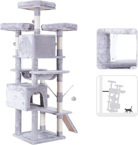 Hey-brother Cat Tree, 71 inches XL Large Cat Tower for Indoor Cats, Multi-Level Cat House with 3 Padded Perches, Big Scratcher, Cozy Basket, 2 Cat Condos and Scratching Posts, Beige MPJ034M in Kuwait