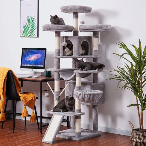 Hey-brother Cat Tree, 71 inches XL Large Cat Tower for Indoor Cats, Multi-Level Cat House with 3 Padded Perches, Big Scratcher, Cozy Basket, 2 Cat Condos and Scratching Posts, Beige MPJ034M in Kuwait
