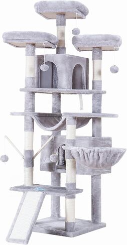Hey-brother Cat Tree, 71 inches XL Large Cat Tower for Indoor Cats, Multi-Level Cat House with 3 Padded Perches, Big Scratcher, Cozy Basket, 2 Cat Condos and Scratching Posts, Beige MPJ034M in Kuwait