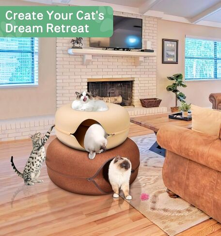 Peekaboo Cat Cave for Multiple Cats/Large Cats, Cat Caves for Indoor Cats Up to 9 Lbs, Cat Tunnel Bed, Scratch Detachable and Washable Large Donut Cat Bed, Yellow in Saudi Arabia