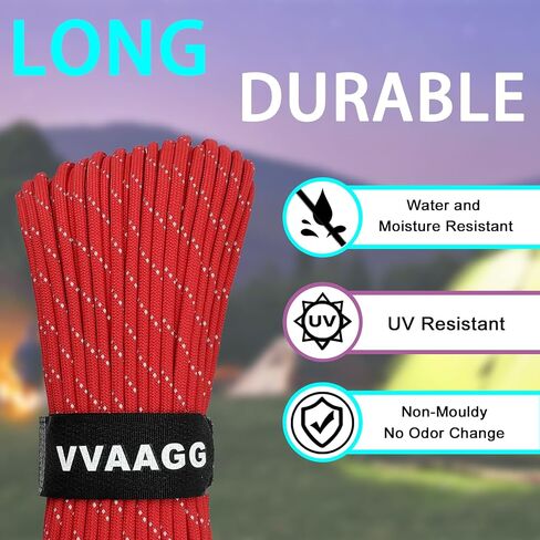 VVAAGG Reflective Paracord, 550 Parachute Cord, 4MM 7-Strand Nylon Rope | Utility Para Cords Lanyard for Tent Camping Hiking Survival Bracelet Tactical Clothesline DIY Projects in Kuwait
