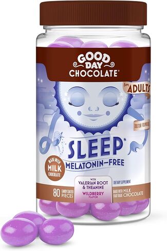 Good Day Chocolate جذر فاليريان الطبيعي للبالغين، مكمل عشبي للنوم، نكهة التوت البري العضوية، شوكولاتة الحليب غير المعدلة وراثيًا والمتوافقة مع التجارة العادلة، إل-ثيانين، 80 قطعة in Kuwait