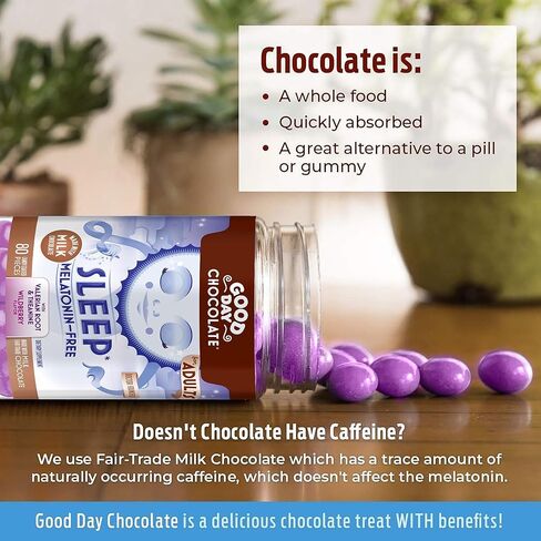 Good Day Chocolate جذر فاليريان الطبيعي للبالغين، مكمل عشبي للنوم، نكهة التوت البري العضوية، شوكولاتة الحليب غير المعدلة وراثيًا والمتوافقة مع التجارة العادلة، إل-ثيانين، 80 قطعة in Kuwait