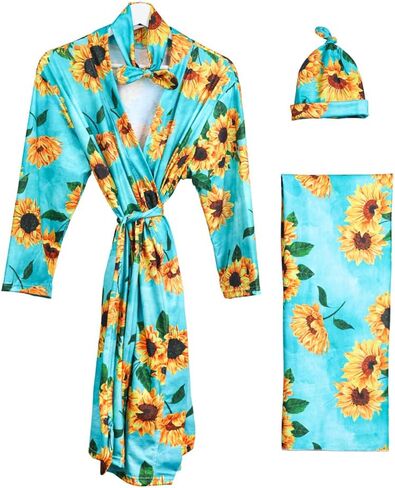 Mommy and Me Robe and Swaddle Set Floral Maternity and Baby Matching Delivery Blanket Headband for Mom Girl Boy 4pcs in Saudi Arabia