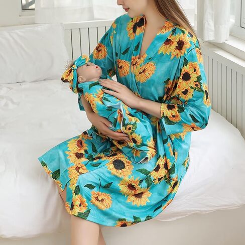 Mommy and Me Robe and Swaddle Set Floral Maternity and Baby Matching Delivery Blanket Headband for Mom Girl Boy 4pcs in Saudi Arabia