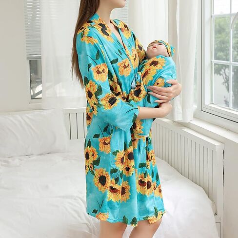 Mommy and Me Robe and Swaddle Set Floral Maternity and Baby Matching Delivery Blanket Headband for Mom Girl Boy 4pcs in Saudi Arabia
