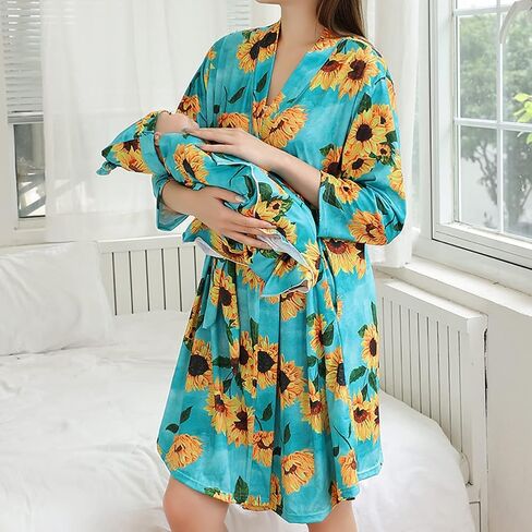 Mommy and Me Robe and Swaddle Set Floral Maternity and Baby Matching Delivery Blanket Headband for Mom Girl Boy 4pcs in Saudi Arabia