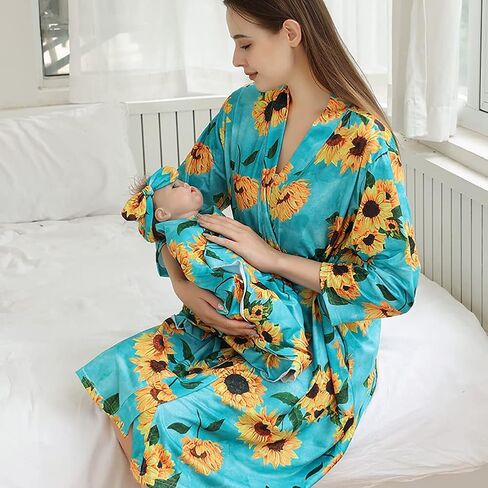 Mommy and Me Robe and Swaddle Set Floral Maternity and Baby Matching Delivery Blanket Headband for Mom Girl Boy 4pcs in Saudi Arabia