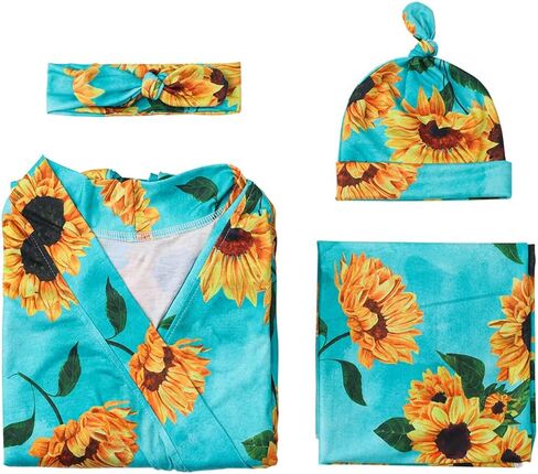 Mommy and Me Robe and Swaddle Set Floral Maternity and Baby Matching Delivery Blanket Headband for Mom Girl Boy 4pcs in Saudi Arabia