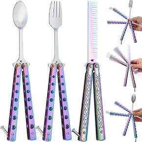 3 Pieces Butterfly Comb, Butterfly Fork and Spoon Set Stainless Steel Folding Butterfly Spoon for Camping Hunting Travel Outdoor (Silver)